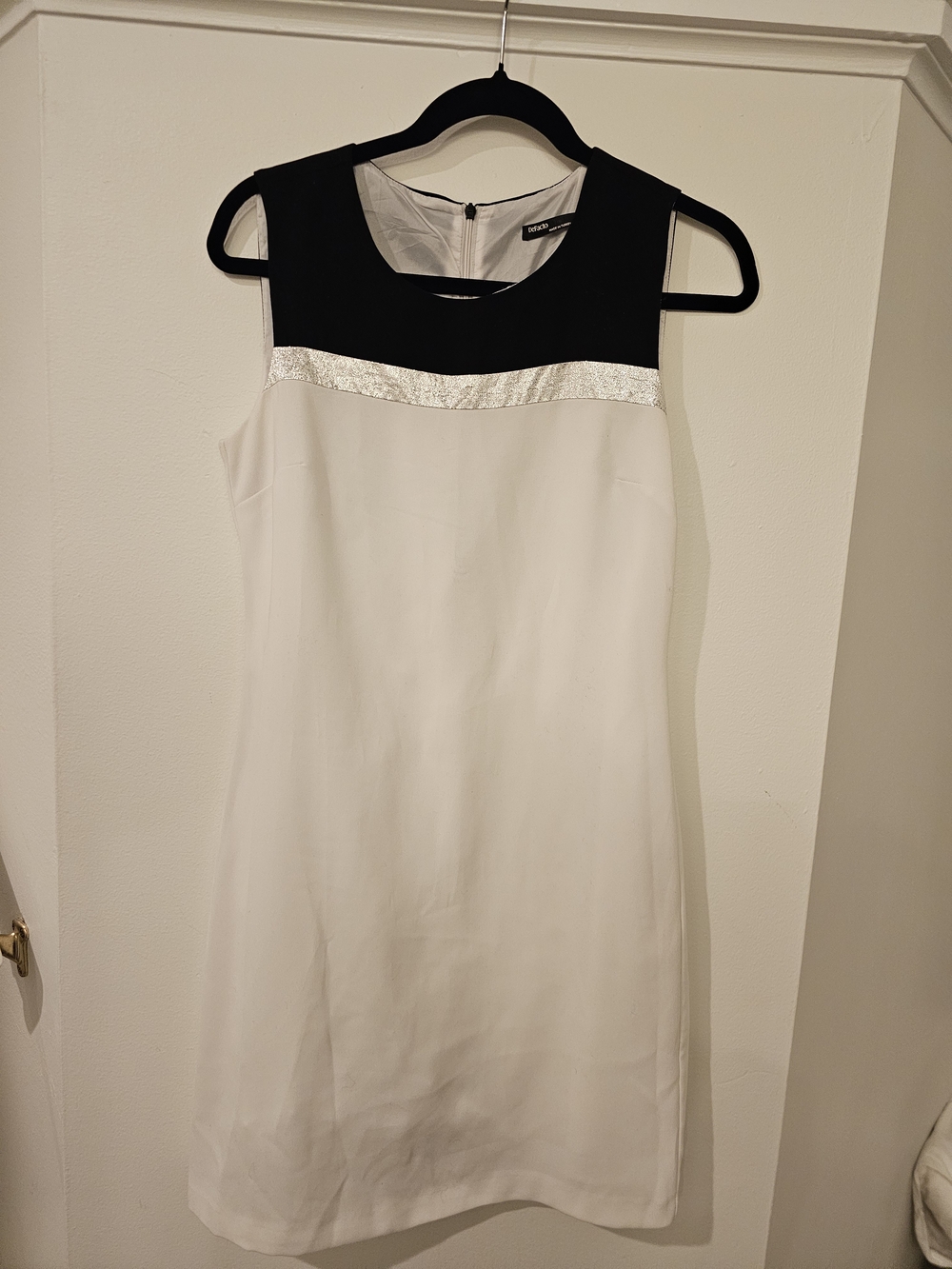 Sleeveless Colorblock White and Black Dress with Silver Trim